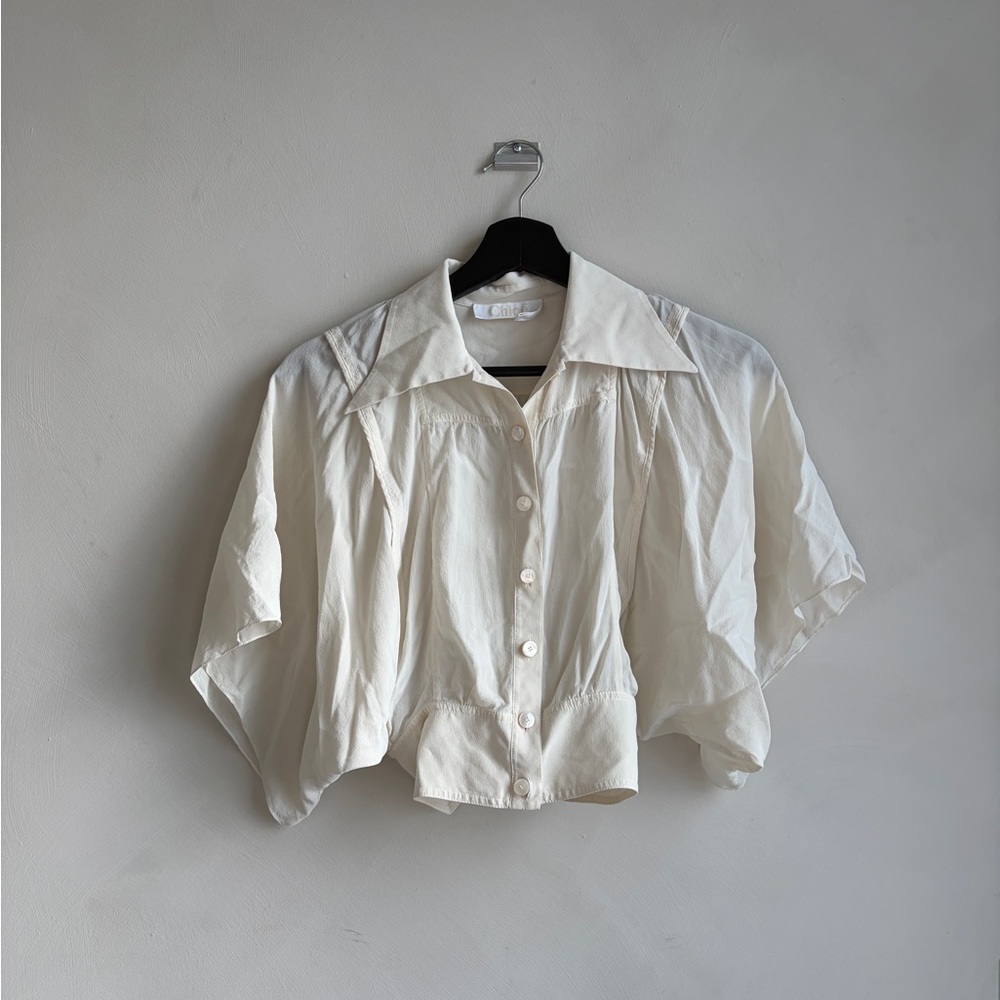 Chloe 100% Silk Authentic White Cropped Button-Front Blouse